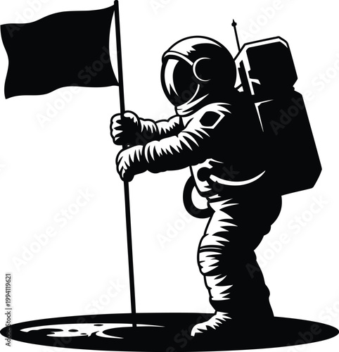 Black and white illustration of an astronaut planting a flag on the moon space