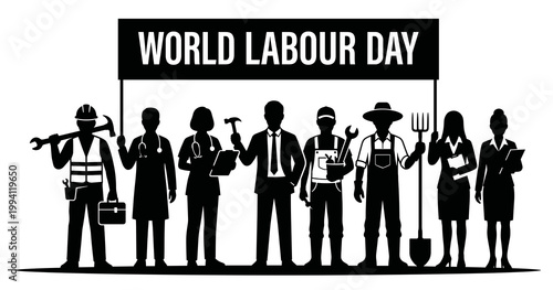 World Labour Day Vector silhouette illustration portraying a diverse line of professionals including doctors, builders, farmers, and business people standing holding a large banner.