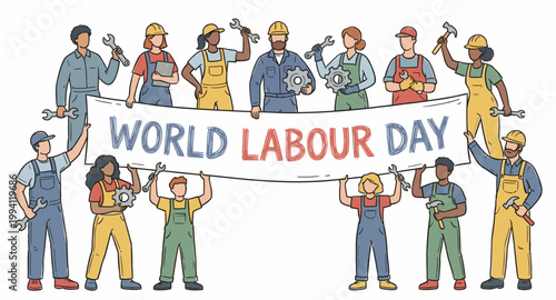 World Labour Day Vector illustration featuring a diverse group of happy industrial workers, mechanics, and builders holding a large celebration banner together with tools and gears.