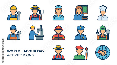 Celebrate World Labour Day Vector with this diverse set of profession activity icons featuring a nurse, farmer, chef, police, firefighter, and mechanic for global workers tribute.