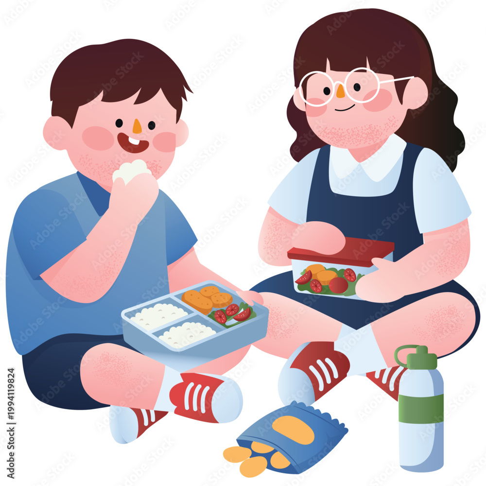 Obraz premium Student Social Life Illustration. Vector illustration of Two students eating lunch together with food and snacks, school break time. Isolated on background