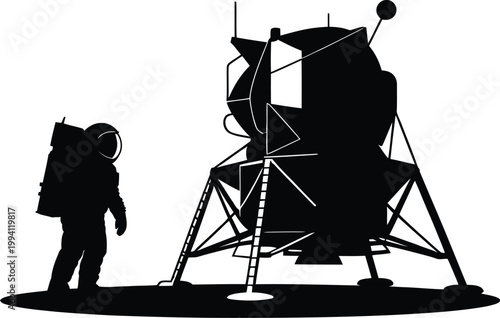 Black Silhouette Astronaut Beside Lunar Lander on White Background space spaceman