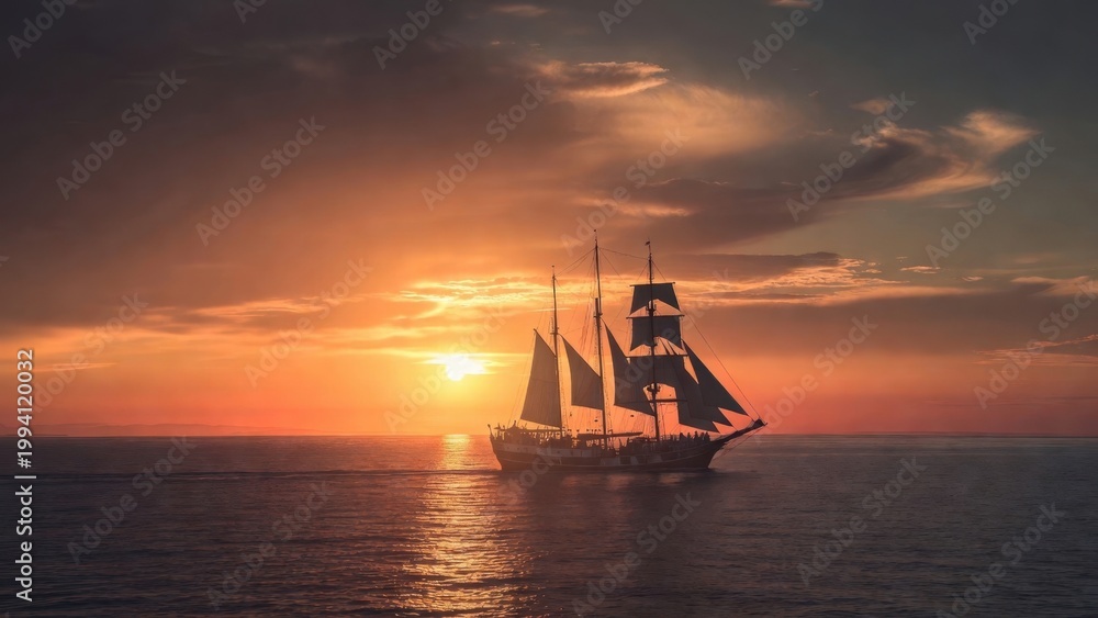 Fototapeta premium Three masted ship sailing near horizon at sunset