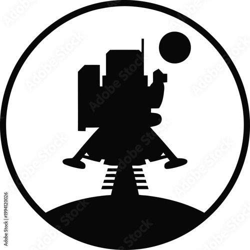 Black silhouette of a lunar module on a planet within a circular border spacecraft space