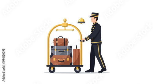 Bellhop pushing luggage cart with bags for hotel guests.