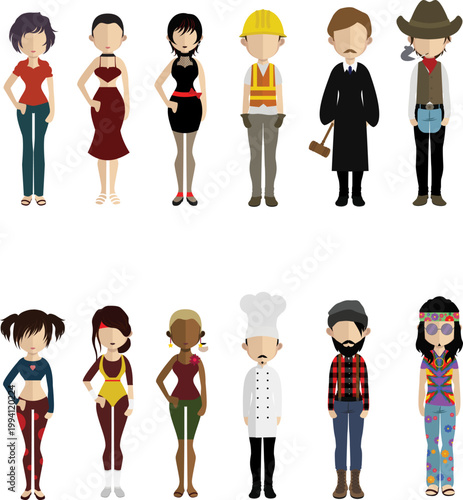 Vector people icons, cartoon characters, professions, occupations, diverse group