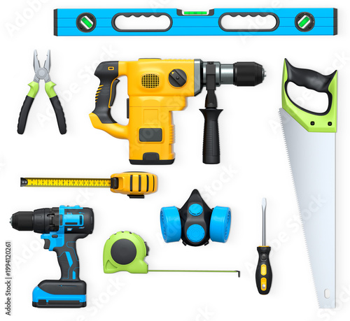 Collection of construction tools, helmets, and safety gear on white background, symbolizing work safety and building industry