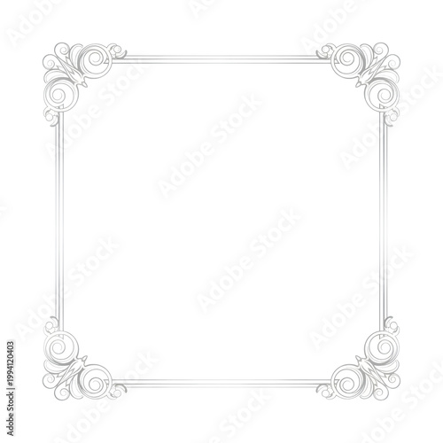 Rectangular silver frame with symmetrical intricate filigree scrollwork corners on a solid white background, minimalist concept of elegant luxury design