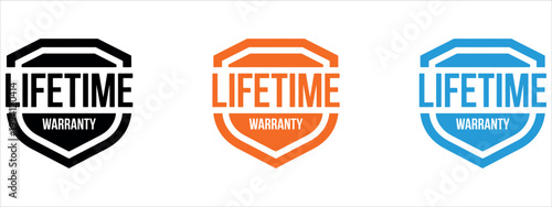 Three modern lifetime warranty seals in bold colors on a clean background, ideal for branding, product packaging, e-commerce, and promotional materials to build customer trust.