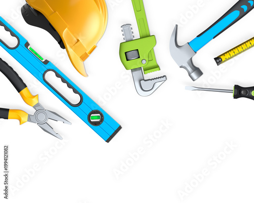 Collection of construction tools, helmets, and safety gear on white background, symbolizing work safety and building industry