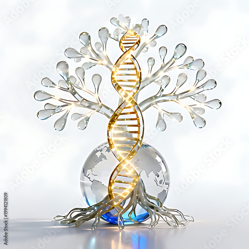  High-resolution stock photo of a single majestic genealogical tree shaped as a double helix of DNA, made of frosted glass and light. The tree roots wrap around a transparent globe. Isolated on a soli