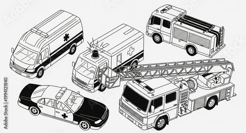 Collection of emergency service vehicles in a line drawing style.