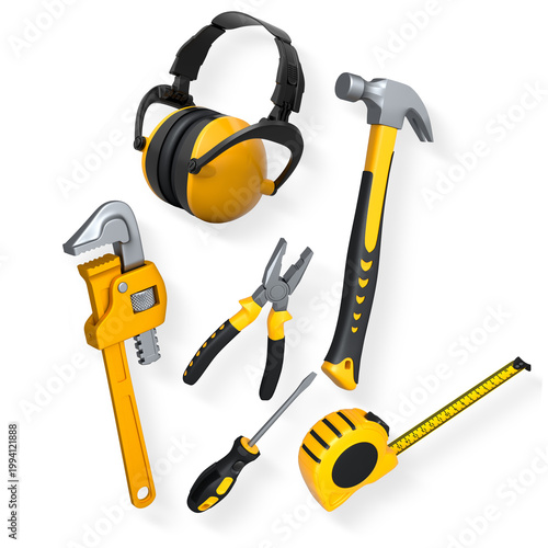 Various construction tools like hammer, pliers, screwdriver and tape measure, isolated on white background, concept of home repair