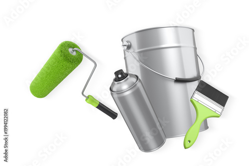 Assortment of paint brushes, rollers, cans, and spray paint isolated on white background, painting and renovation concept