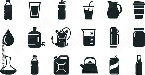 Black bottle icons set, minimalist glass and plastic container silhouettes, 10 beverage and liquid packaging vector elements for branding and web design 
