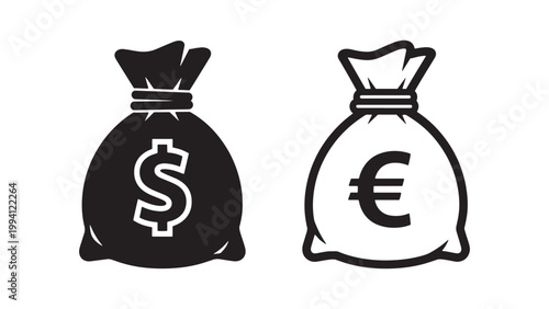 Iconic black and white illustration of money bags, featuring dollar and euro currency symbols, symbolizing global financial transactions and wealth management.
