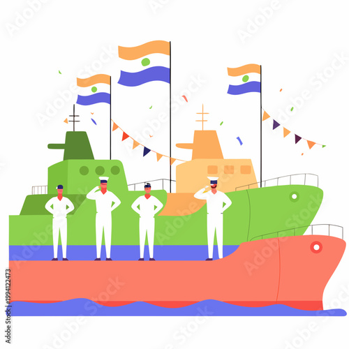 Four sailors standing on a cargo ship against a backdrop of containers.