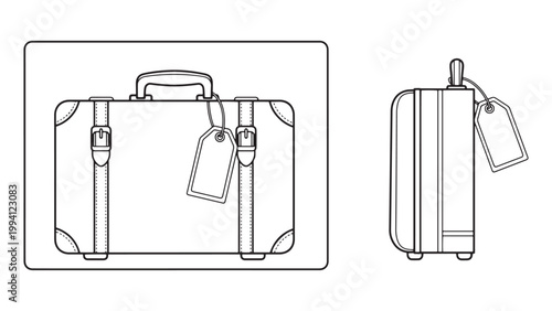 Classic vintage travel suitcase with luggage tag, front and side view, elegant retro baggage outline illustration, ready for journey.