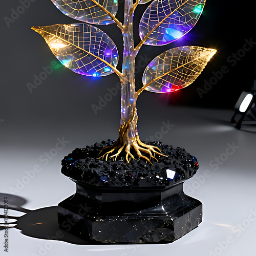 A macro photograph of a futuristic holographic family tree hovering above a smooth obsidian base. The branches represent glowing neural connections and golden leaves with subtle latitude/longitude lin