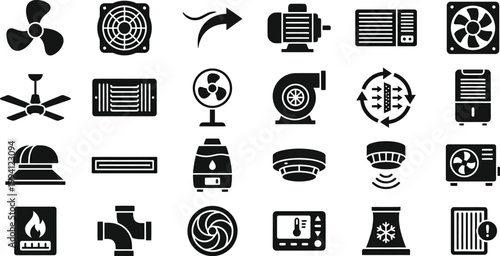 Cooling fan silhouette icons set with ventilator propeller and air conditioner vector isolated on white background
Various Electric Fans and Cooling Devices Icons Set
