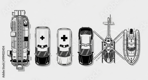 Collection of emergency vehicles and transportation from above.