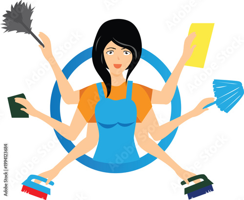 Multitasking Professional Housekeeper Character with Multiple Arms Holding Cleaning Supplies