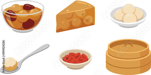 Asian Dessert and Sweet Food Icon Set with Tangyuan, Herbal Soup, Goji Berries, Sponge Cake, and Steamer Basket for Traditional Cuisine Design