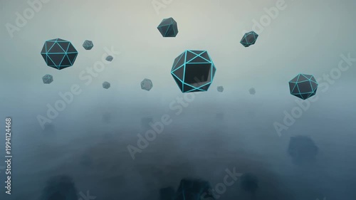 Geometric shapes float in a foggy atmosphere with glowing lines