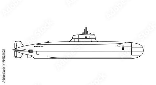 Vector Line Drawing of a Modern Military Submarine