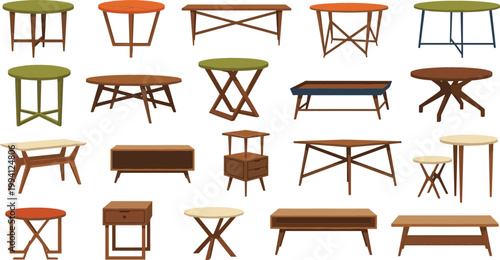 Wooden Table Collection with Various Shapes and Styles Illustration Set, Rustic and Modern Furniture for Interior Design, Home Decor, and Carpentry Graphics
