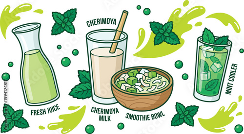 Cherimoya Beverage and Smoothie Icon Set with Fresh Juice, Milk Drink, Smoothie Bowl, Mint Cooler, and Leaves for Healthy Organic Lifestyle Design