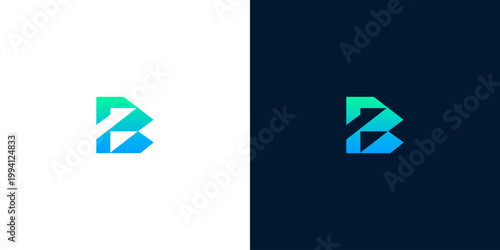 Modern B letter logo design with gradient colors on white and dark backgrounds, clean and professional identity
