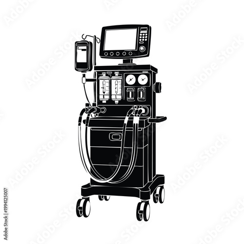 Anesthesia machine bundle silhouette hospital surgical equipment set.