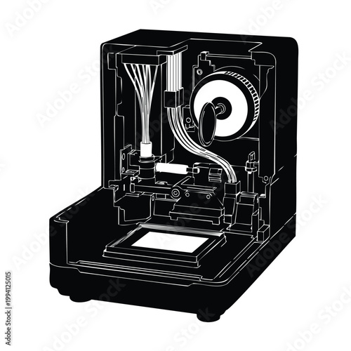 3D printer silhouette, additive manufacturing, technology equipment set bundle.