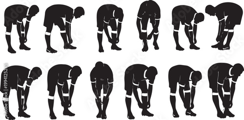 Flat vector football player tying shoelaces before match, simple character design,