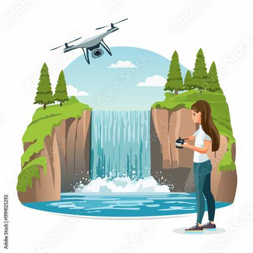 Woman flying camera drone over scenic nature waterfall