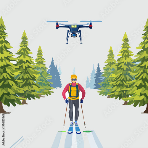 Vector illustration of skier on trail with drone filming overhead