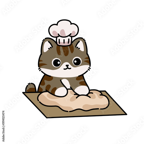 Cute cat baking dough with chef hat, kawaii cartoon illustration, soft colors, adorable cooking scene.