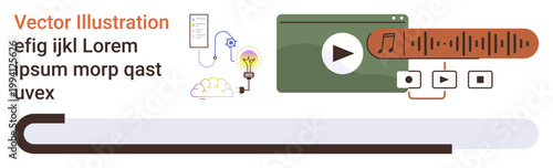 Digital tools, creativity, multimedia development, content creation, user interface, modern technology. A playback bar, sound icons and creative visuals. Digital tools and creativity concept
