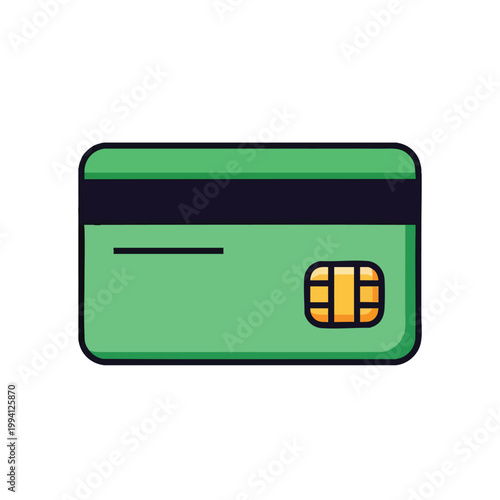 Flat vector illustration of a green bank credit card with EMV chip.