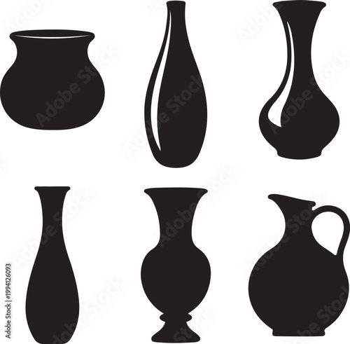 Six black silhouette vases and pitchers on white background