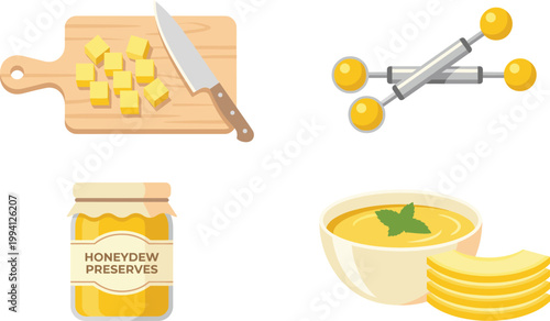 Honeydew Melon Food Preparation Icon Set with Chopped Fruit, Preserves Jar, Smoothie Bowl, Slices, and Kitchen Tools for Fresh Organic Cooking Design
