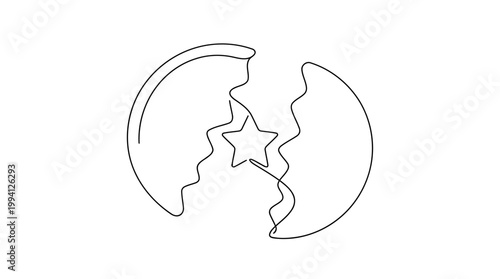 Continuous Line Drawing of Broken Cookie Revealing Hidden Star Minimalist Vector