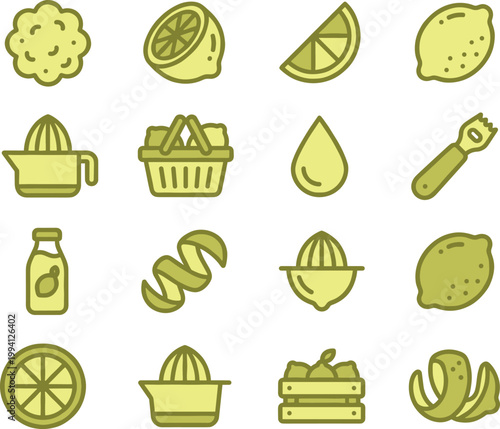 Lemon Citrus Fruit Icon Set with Juice, Slice, Zest, Squeezer and Kitchen Tools for Fresh Organic Food, Beverage, and Cooking Design
