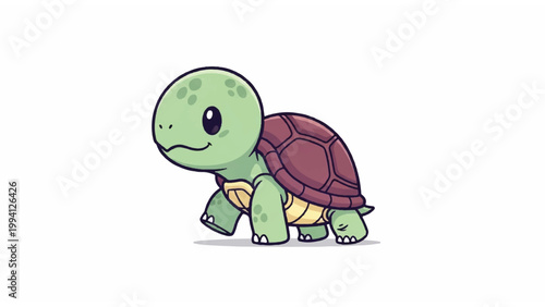Smiling cartoon turtle with purple shell.