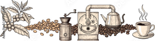 Vintage coffee brewing illustration with beans, grinder, roaster, kettle, cup, and botanical branch in hand drawn style