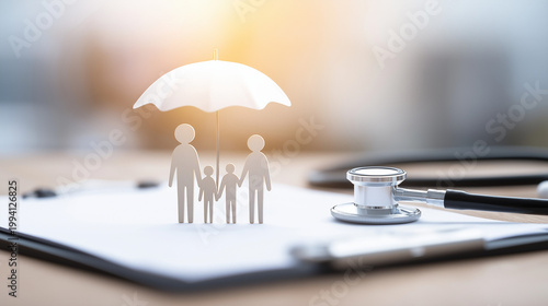 Family figurines protected by white umbrella on clinical background