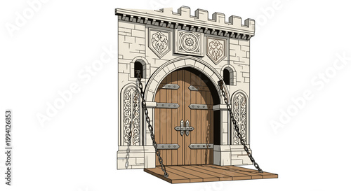 Medieval Castle Gatehouse with Wooden Door and Chains