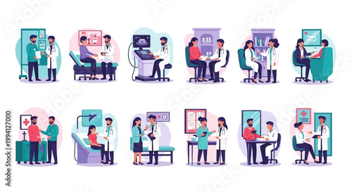 Illustration of people working in office settings with computers and various tasks.