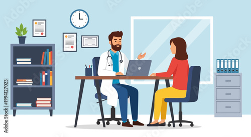 Illustration of a male doctor consulting with a female patient in a modern medical office